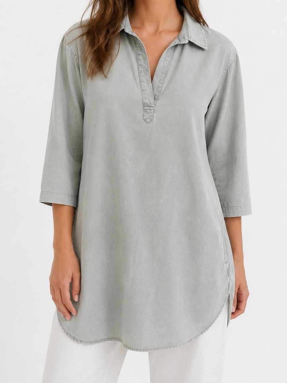 Cloth & Stone Split Neck Tencel Shirt Dress L Grey Coastal Boho Minimalist